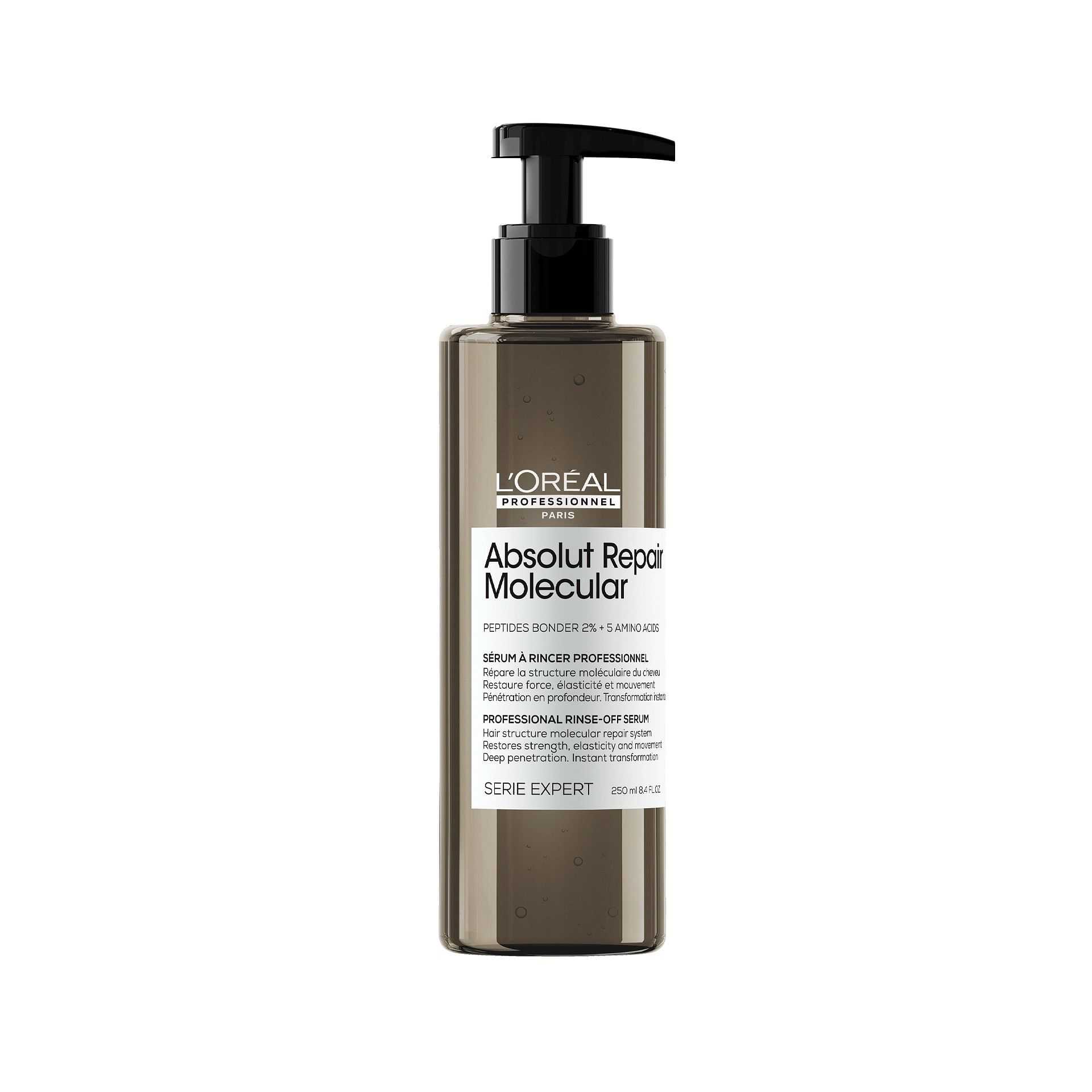 L'Oréal Absolut Repair Molecular hair serum. Black pump bottle, professional haircare product.